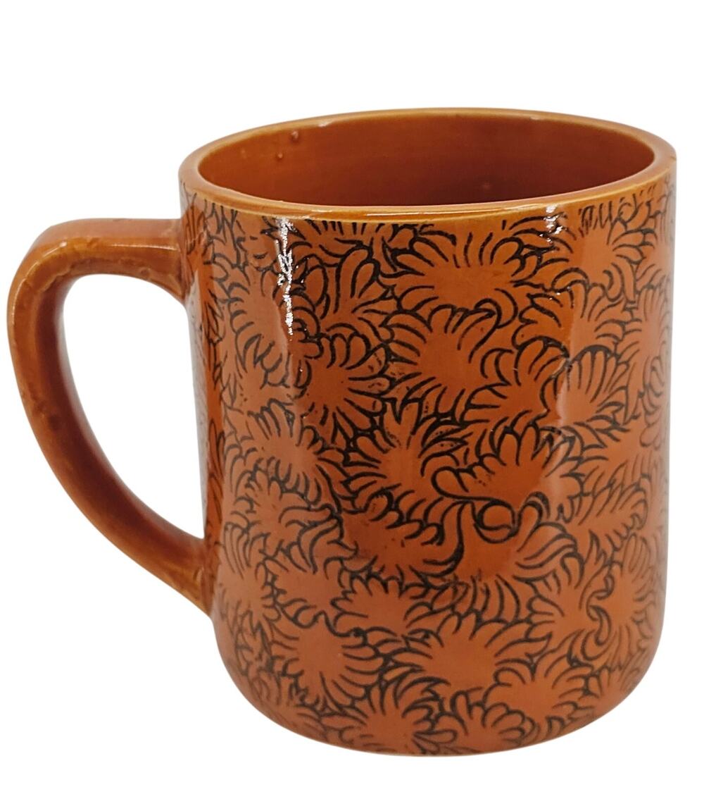 Vintage Floral Textured Ceramic Coffee Tea Mug Cup Orange & Black Hot Cold JAPAN